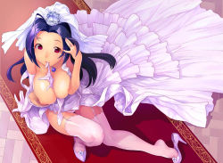 Rule 34 | 1girl, ahoge, arm support, between breasts, blue hair, blush, breasts, breasts out, bridal veil, cleavage, dress, elbow gloves, feet, garter straps, gloves, high heels, idolmaster, idolmaster (classic), jewelry, large breasts, looking at viewer, looking up, miura azusa, mouth hold, nekomata naomi, nipples, on floor, open clothes, panties, puffy nipples, red carpet, ring, shoes, sitting, thighhighs, third-party edit, underwear, veil, wedding dress, wedding ring, white panties, white thighhighs