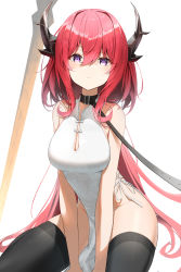 Rule 34 | 1girl, absurdres, alternate costume, arknights, bare arms, bare shoulders, between legs, black thighhighs, blush, breasts, china dress, chinese clothes, cleavage, closed mouth, collar, dress, hair between eyes, hand between legs, highres, horns, large breasts, leash, long hair, looking at viewer, no panties, planted, planted sword, planted weapon, purple eyes, red hair, simple background, sitting, sleeveless, sleeveless dress, smile, solo, surtr (arknights), sword, thighhighs, three twosix, very long hair, weapon, white background, white dress