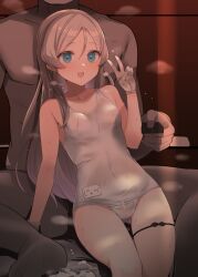 Rule 34 | 1boy, 1girl, bare arms, bare legs, bare shoulders, blue eyes, collarbone, gloves, grey hair, javelin (kancolle), kantai collection, long hair, one-piece swimsuit, open mouth, school swimsuit, shin (new), swimsuit, v, white gloves, white one-piece swimsuit