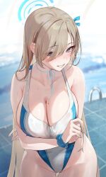 Rule 34 | 1girl, alracoco, asuna (blue archive), blue archive, blue halo, blush, breasts, collarbone, grin, hair over one eye, halo, highres, large breasts, light brown hair, long hair, looking at viewer, mole, mole on breast, one-piece swimsuit, poolside, scrunchie, smile, solo, swimsuit, very long hair, wrist scrunchie