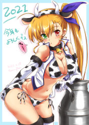Rule 34 | 1girl, 2021, animal collar, animal ears, animal print, ass, bell, bikini, black collar, blonde hair, blue border, blue ribbon, boots, border, breasts, butt crack, chinese zodiac, cleavage, collar, commentary request, cow ears, cow horns, cow print, cow tail, cowbell, cowboy shot, dated, elbow rest, fake animal ears, fake horns, fake tail, green eyes, hair ribbon, hand on own ass, heterochromia, holding tail, horns, jacket, kotoyoro, large breasts, leaning forward, long hair, long sleeves, looking at viewer, lyrical nanoha, mahou shoujo lyrical nanoha vivid, milk churn, navel, neck bell, new year, outline, parted lips, print bikini, red eyes, ribbon, san-pon, side-tie bikini bottom, side ponytail, sleeveless, sleeveless jacket, solo, standing, swimsuit, tail, thigh boots, thighhighs, translated, twitter username, vivio, white footwear, white jacket, white outline, year of the ox