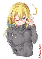 Rule 34 | 1girl, adjusting eyewear, ahoge, alternate costume, blonde hair, blush, breasts, closed mouth, ebifurya, glasses, hair between eyes, hand on eyewear, highres, i-8 (kancolle), kantai collection, large breasts, long hair, looking at viewer, one-hour drawing challenge, one eye closed, simple background, smile, solo, sweater, twintails, twitter username, v-shaped eyebrows, white background