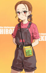 Rule 34 | 1girl, absurdres, alternate costume, alternate hairstyle, arms behind back, belt buckle, black-framed eyewear, blush, braid, braided bangs, braided hair rings, buckle, casual, character name, copyright name, english text, forehead, glasses, highres, idolmaster, idolmaster cinderella girls, looking at viewer, overall shorts, overalls, red eyes, red shirt, round eyewear, seki hiromi, shirt, simple background, smile, solo, stariklil, yellow background