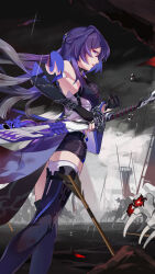Rule 34 | 1girl, absurdres, acheron (honkai: star rail), arrow (projectile), asymmetrical footwear, bandages, black choker, black gloves, black shorts, bone, boots, breasts, chain, chinese commentary, choker, cleavage, coat, coattails, commentary request, detached sleeves, flower, gloves, highres, honkai: star rail, honkai (series), long hair, looking back, nanyebeou, purple eyes, purple hair, red flower, scabbard, sheath, sheathed, short shorts, shorts, single bare shoulder, solo, sword, thigh boots, weapon, white coat
