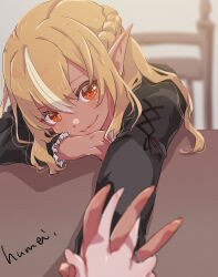 Rule 34 | 1girl, black dress, blonde hair, braid, dark-skinned female, dark skin, dress, french braid, head rest, holding hands, hololive, jewelry, kyou fumei, long hair, looking at viewer, multicolored hair, official alternate costume, pointy ears, red eyes, ring, shiranui flare, shiranui flare (street), smile, solo, streaked hair, virtual youtuber, white hair