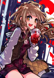 Rule 34 | 1girl, :d, absurdres, blonde hair, drinking straw, highres, holding, hood, hoodie, jacket, juice, letterman jacket, long hair, long sleeves, looking at viewer, nanozenzen, open mouth, reality arc (sinoalice), red hoodie, red riding hood (sinoalice), sinoalice, smile, solo, teeth, wavy hair, yellow eyes