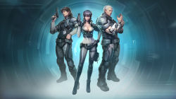 Rule 34 | 1girl, 2boys, arm cannon, armor, backlighting, batou (gits), belt, black gloves, body armor, bodysuit, boots, breasts, brown hair, bulletproof vest, cleavage, closed mouth, collarbone, covered navel, cyberpunk, cyborg, fingerless gloves, full body, ghost in the shell, ghost in the shell stand alone complex, gloves, gun, hand on own hip, handgun, holding, holding gun, holding weapon, holster, knee pads, kusanagi motoko, looking at viewer, low bore axis revolver, mateba 2008m, mateba model 6 unica, medium breasts, mullet, multiple boys, muscular, pistol, pouch, purple hair, realistic, revolver, science fiction, serious, short hair, shoulder pads, silver hair, skin tight, standing, tataar, thigh strap, togusa (gits), underbust, vest, weapon