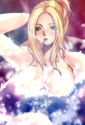 Rule 34 | 1990s (style), 1girl, adjusting hair, arm up, bath, blonde hair, blue eyes, breasts, cigarette, final fantasy, final fantasy viii, large breasts, quistis trepe, smoking, solo