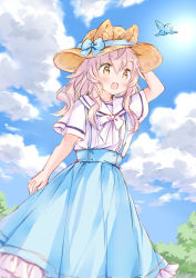 Rule 34 | 1girl, :d, animal, animal ear fluff, animal ears, arm up, bird, blue bow, blue skirt, blue sky, bluebird, blush, bow, brown eyes, brown hat, cloud, cloudy sky, commentary request, day, ears through headwear, frilled skirt, frills, hair between eyes, hand on headwear, hat, hat bow, long hair, looking away, open mouth, original, outdoors, pink hair, sailor collar, shirt, short sleeves, skirt, sky, smile, solo, sun hat, suspender skirt, suspenders, wataame27, white bow, white sailor collar, white shirt, wolf-chan (wataame27), wolf ears