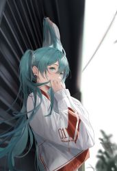 Rule 34 | 1girl, arm up, blurry, blurry background, commentary, depth of field, earrings, from side, green eyes, green hair, hair between eyes, hair ornament, hair ribbon, hatsune miku, highres, holding, holding hair, jacket, jenmin12, jewelry, long hair, looking at viewer, multicolored clothes, multicolored jacket, outdoors, red jacket, ribbon, sleeveless, solo, standing, twintails, two-tone jacket, very long hair, vocaloid, white jacket, white ribbon, wide sleeves