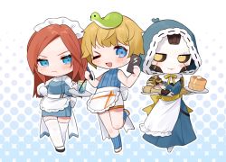 Rule 34 | 3girls, alternate costume, android, animal on arm, animification, apex legends, apron, ash (titanfall 2), ashleigh reid, black sclera, blonde hair, blue dress, blue eyes, blue skirt, blue sweater, blush, butter, chibi, colored sclera, cup, dress, drinking glass, drinking straw, facial scar, food, frown, holding, holding pen, holding tray, hood, hood up, looking to the side, maid apron, maid headdress, mouse (animal), multiple girls, nagoooon 114, nessie (respawn), one eye closed, orange hair, pancake, pancake stack, pen, ribbed sweater, scar, scar on arm, scar on cheek, scar on face, short hair, simulacrum (titanfall), skirt, sleeveless, sleeveless sweater, smile, stuffed toy, sweater, tray, v-shaped eyebrows, wattson (apex legends), yellow eyes