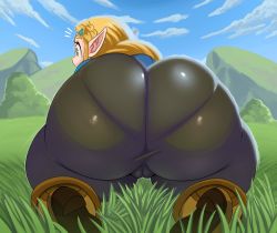 Rule 34 | 1girl, ass, blonde hair, boots, cameltoe, cleft of venus, day, eric lowery, from behind, grass, highres, huge ass, long hair, mountain, nintendo, pantylines, princess zelda, sky, solo, sssonic2, the legend of zelda, the legend of zelda: breath of the wild, thighs