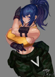 Rule 34 | 1girl, absurdres, ammunition pouch, artist name, bare shoulders, blue hair, breasts, camouflage, camouflage pants, crop top, dog tags, earrings, gloves, highres, jewelry, large breasts, leona heidern, muscular, muscular female, pants, ponytail, pouch, sleeveless, soldier, solo, tank top, the king of fighters, the king of fighters xv, triangle earrings, ttt (titatuem), yellow tank top