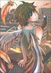 Rule 34 | angel wings, city, falling feathers, feathers, lowres, male focus, original, shabon, solo, wings