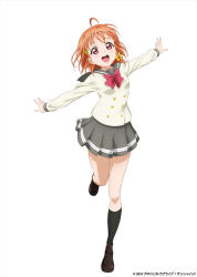 Rule 34 | 10s, 1girl, 2016, ahoge, blush, bow, clover hair ornament, copyright name, dated, detached sleeves, full body, hair bow, hair ornament, hairclip, leg up, long sleeves, looking at viewer, love live!, love live! sunshine!!, official art, open mouth, orange hair, pleated skirt, red eyes, ribbon, school uniform, serafuku, shoes, short hair, simple background, skirt, solo, takami chika, uranohoshi school uniform, white background