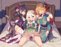 Rule 34 | 3girls, absurdres, angry, animal ear fluff, animal ears, antenna hair, bed, black hair, blush, braid, breasts, cat ears, cat girl, cat tail, closed eyes, clothes lift, embarrassed, flower hair ornament, full body, green eyes, hair between eyes, hair bun, hair ornament, highres, indoors, japanese clothes, karyl (new year) (princess connect!), karyl (princess connect!), kimono, kimono lift, kneeling, kokkoro (new year) (princess connect!), kokkoro (princess connect!), large breasts, long hair, long sleeves, looking at viewer, lying, multiple girls, on side, open mouth, orange hair, pecorine (new year) (princess connect!), pecorine (princess connect!), pointy ears, princess connect!, red eyes, sgt-jz, short hair, side braid, silver hair, single hair bun, smile, socks, soles, spread legs, tail, thigh strap, thighhighs, thighlet, thighs, white legwear