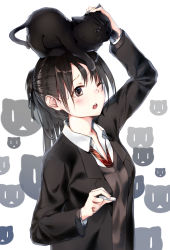 Rule 34 | 1girl, ;o, animal, animal on head, arm up, black hair, black jacket, blazer, brown eyes, brown sweater, cat, cat on head, chalk, collared shirt, commentary request, half updo, head tilt, highres, holding, jacket, long hair, long sleeves, necktie, niii (memstapak), on head, one eye closed, open clothes, open jacket, original, parted lips, red necktie, school uniform, shirt, solo, sweater, teeth, upper teeth only, white background, white shirt