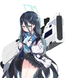 Rule 34 | 1girl, absurdres, aris (blue archive), black hair, black skirt, blue archive, blue eyes, blue hairband, blue necktie, blush, closed mouth, collared shirt, commentary, cowboy shot, gun, hair between eyes, hairband, halo, highres, holding strap, jacket, long hair, long hair between eyes, long sleeves, looking away, necktie, one side up, open clothes, open jacket, pleated skirt, puffy long sleeves, puffy sleeves, shirt, simple background, skirt, solo, standing, very long hair, w wonjin, weapon, weapon on back, white background, white jacket, white shirt