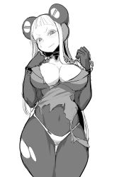 Rule 34 | 1girl, bdsm, blush, bodysuit, breasts, cleavage, curvy, electro emilia, greyscale, hair ornament, ken (koala), large breasts, long hair, looking at viewer, md5 mismatch, monochrome, original, panties, skin tight, solo, torn clothes, underwear, wide hips