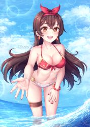 Rule 34 | 1girl, amber (genshin impact), arched back, artist name, bare shoulders, bead bracelet, beads, bikini, blue sky, bracelet, breasts, brown hair, collarbone, commentary, crossed bangs, day, earrings, foreshortening, genshin impact, hair ribbon, hand on own thigh, highres, horizon, jewelry, kuriidono, leaning forward, long hair, looking at viewer, medium breasts, mismatched bikini, nail polish, navel, ocean, open mouth, outdoors, reaching, reaching towards viewer, red bikini, red nails, red ribbon, ribbon, sky, smile, solo, swimsuit, teeth, thigh strap, thighs, upper teeth only, wading, white bikini