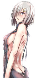 Rule 34 | 10s, 1girl, :o, alternate costume, arms at sides, ass, back, backless outfit, bare arms, bare back, bare shoulders, black ribbon, black sweater, blue eyes, blush, breasts, butt crack, cowboy shot, from side, hair ornament, hair over one eye, hairclip, hamakaze (kancolle), heart, heart-shaped pupils, kantai collection, looking at viewer, medium breasts, meme attire, naked sweater, no bra, open mouth, ribbon, short hair, shoulder pads, sideboob, silver hair, simple background, sleeveless, solo, sweater, symbol-shaped pupils, tai (nazutai), turtleneck, turtleneck sweater, virgin killer sweater, white background