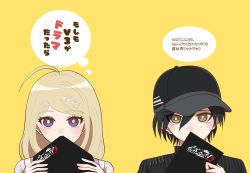 Rule 34 | 1boy, 1girl, absurdres, ahoge, akamatsu kaede, bad hands, baseball cap, beamed eighth notes, black jacket, blonde hair, brown eyes, commentary request, copyright name, covered mouth, covering own mouth, danganronpa (series), danganronpa v3: killing harmony, eighth note, fortissimo, hair between eyes, hair ornament, hand up, hands up, hat, highres, holding, jacket, long hair, looking at viewer, musical note, musical note hair ornament, portrait, purple eyes, saihara shuichi, striped clothes, striped jacket, translation request, vertical stripes, yellow background, yoruka (yorunatsu66)