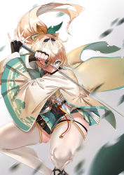 Rule 34 | 1girl, absurdres, bell, black gloves, blonde hair, closed mouth, feet out of frame, fingerless gloves, gloves, gradient background, green eyes, green skirt, haori, highres, holding, holding sword, holding weapon, hololive, japanese clothes, jingle bell, katana, kazama iroha, kimono, leaf, long hair, one eye covered, pleated skirt, ponytail, ppangkkaru, skirt, solo, squatting, stance, sword, thick thighs, thighhighs, thighs, virtual youtuber, weapon, white background, white kimono, white thighhighs, wide sleeves