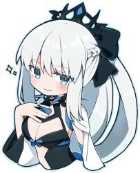 Rule 34 | 1girl, arm at side, black bow, black dress, black tiara, blue bow, blue eyes, blue outline, blush, bow, braid, breasts, cleavage, closed mouth, clothing cutout, collar, cropped torso, dress, dress bow, fate/grand order, fate (series), grey hair, hair bow, hand on own chest, hand up, long hair, long sleeves, looking at viewer, medium breasts, morgan le fay (fate), outline, ponytail, rabiiandrain, simple background, smile, solo, sparkle, spiked collar, spikes, stomach cutout, tiara, white background, white sleeves, wide sleeves