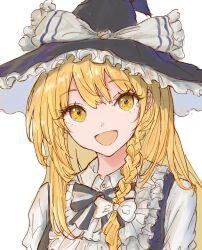 Rule 34 | 1girl, blonde hair, bow, braid, collared shirt, commentary, frills, hair bow, hat, hat bow, highres, kashiwada kiiho, kirisame marisa, long hair, looking at viewer, open mouth, portrait, shirt, side braid, single braid, smile, solo, touhou, white background, white bow, witch hat, yellow eyes