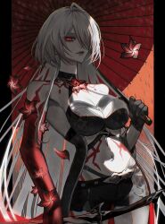 Rule 34 | 1girl, acheron (honkai: star rail), bare shoulders, belt, black belt, black choker, black shorts, body markings, breasts, choker, cleavage, closed mouth, colored extremities, commentary request, cowboy shot, criss-cross halter, flower, hair over one eye, halterneck, highres, holding, holding sword, holding umbrella, holding weapon, honkai: star rail, honkai (series), large breasts, long hair, looking at viewer, midriff, navel, oil-paper umbrella, rain, red eyes, red flower, red lips, shade, short shorts, shorts, solo, sword, thighs, umbrella, very long hair, weapon, white hair, znoww 007