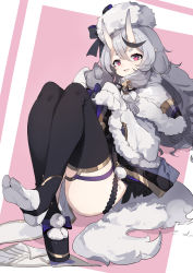 Rule 34 | 1girl, ass, black thighhighs, bow, capelet, fur, fur-trimmed capelet, fur trim, geta, grey hair, hair between eyes, hair bow, hat, highres, horns, japanese clothes, kimono, long hair, looking at viewer, mole, mole under mouth, nijisanji, oni, open mouth, pelvic curtain, platform footwear, pointy ears, purple eyes, rindou mikoto, rope, sh (shinh), shimenawa, short eyebrows, sitting, skin-covered horns, sleeves past wrists, smile, solo, stirrup legwear, stuffed animal, stuffed cat, stuffed toy, tabi, thighhighs, toeless legwear, virtual youtuber, white capelet, white hat, white thighhighs, wide sleeves
