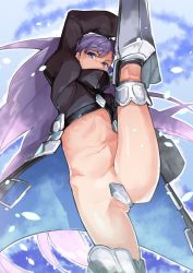 Rule 34 | 10s, armored boots, bad id, bad twitter id, black coat, boots, coat, crotch plate, fate/extra, fate/extra ccc, fate (series), high kick, highres, kicking, kneepits, long hair, maebari, meltryllis (fate), muchi maro, purple hair, revealing clothes, solo, split, very long hair