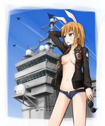 Rule 34 | 1girl, aircraft, airplane, animal ears, bad id, bad pixiv id, blue eyes, bomber jacket, breasts, charlotte e. yeager, cleavage, fudama, jacket, jet, medium breasts, navel, no bra, open clothes, open jacket, orange hair, outdoors, rabbit ears, rabbit girl, short shorts, shorts, solo, strike witches, sunglasses, world witches series