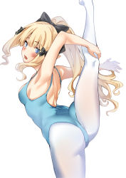 Rule 34 | 1girl, black bow, blonde hair, blue eyes, blush, bow, breasts, elf, hair bow, hair ornament, highres, jacob dream world, leotard, long hair, looking at viewer, medium breasts, open mouth, pantyhose, pointy ears, ponytail, princess connect!, saren (princess connect!), solo, split, spread legs, standing, standing on one leg, standing split, white pantyhose