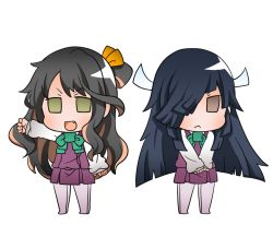 Rule 34 | 2girls, :&lt;, :d, black hair, blush, bow, brown eyes, brown hair, chibi, closed mouth, dress, fang, full body, green bow, green eyes, gurageida, hair over one eye, hair ribbon, hayashimo (kancolle), kantai collection, long hair, long sleeves, looking at viewer, multicolored hair, multiple girls, naganami (kancolle), no shoes, one side up, open mouth, orange ribbon, outstretched arm, own hands together, pantyhose, pleated dress, purple dress, purple legwear, ribbon, shirt, simple background, sleeveless, sleeveless dress, sleeves past wrists, smile, standing, streaked hair, v-shaped eyebrows, very long hair, white background, white ribbon, white shirt