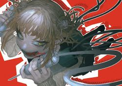 Rule 34 | 1girl, blood, blood from mouth, boku no hero academia, brown hair, double bun, dual wielding, film grain, hair bun, holding, holding syringe, kataruruni, open mouth, outline, short hair, smile, solo, syringe, teeth, toga himiko, tongue, tube, white outline, yellow eyes