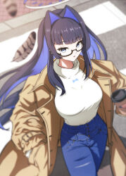 Rule 34 | 1girl, absurdres, black-framed eyewear, blue hair, blue nails, blue pants, brown coat, coat, colored inner hair, cup, disposable cup, feathers, glasses, hand in pocket, high-waist pants, highres, holding, holding cup, hololive, hololive english, kaiju ryoku, long hair, looking at viewer, multicolored hair, nail polish, official alternate costume, ouro kronii, ouro kronii (casual), pants, shirt, sidelocks, solo, virtual youtuber, white shirt