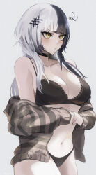 Rule 34 | 1girl, artist name, black bra, black choker, black hair, black jacket, black panties, bra, breasts, brown jacket, choker, cleavage, closed mouth, commentary, english commentary, fidgeting, grey background, hair ornament, highres, hololive, hololive english, jacket, large breasts, long hair, multicolored clothes, multicolored hair, multicolored jacket, navel, off shoulder, open clothes, open jacket, panties, pout, shiori novella, solo, split-color hair, swirl, tommy (kingdukeee), two-tone hair, two-tone jacket, underwear, virtual youtuber, white hair, yellow eyes