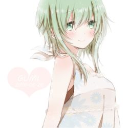 Rule 34 | 10s, 1girl, 2016, arms behind back, bare shoulders, blush, character name, closed mouth, dated, dress, eyebrows, floral print, green eyes, green hair, gumi, hair between eyes, heart, hiro (hirohiro31), looking at viewer, matching hair/eyes, short hair, simple background, sleeveless, sleeveless dress, smile, solo, sundress, tareme, upper body, vocaloid, white background