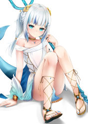 Rule 34 | 1girl, ancient greek clothes, bare legs, blue dress, blue eyes, blue hair, blue nails, blunt bangs, braid, breasts, c.u.wa, closed mouth, clothes between thighs, collarbone, cross-laced footwear, cross-laced sandals, dress, fins, fish tail, full body, gawr gura, gawr gura (party dress), gem, gladiator sandals, gold bracelet, gold trim, gradient dress, greco-roman clothes, hair ornament, highres, holding, holding weapon, hololive, hololive english, jewelry, knees up, laurel crown, looking at viewer, medium hair, multicolored hair, nail polish, neck ring, official alternate costume, pelvic curtain, pendant, polearm, sandals, shark girl, shark tail, sidelocks, silver hair, simple background, sitting, sleeveless, small breasts, smile, solo, streaked hair, tail, thighs, toeless footwear, toenail polish, toenails, toes, trident, twintails, virtual youtuber, weapon, white background, white dress, wrist cuffs