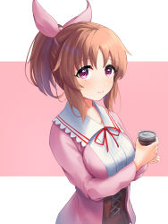 Rule 34 | 1girl, abe nana, absurdres, arm under breasts, blush, bow, breasts, brown hair, can, canned coffee, cardigan, collared shirt, drink can, hair bow, highres, holding, holding can, idolmaster, idolmaster cinderella girls, long sleeves, looking at viewer, medium breasts, medium hair, neck ribbon, pink eyes, ponytail, ribbon, sascha517, shirt, smile, solo, underbust