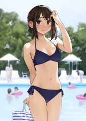 Rule 34 | 1girl, 6+others, adjusting hair, bag, bare shoulders, bikini, blue bikini, blue scrunchie, blurry, blurry background, blush, breasts, brown eyes, brown hair, commentary, day, douki-chan (douki-chan), ganbare douki-chan, hair ornament, hair scrunchie, highres, holding, holding bag, looking at viewer, medium breasts, multiple others, navel, outdoors, pool, scrunchie, short hair, short ponytail, sidelocks, solo focus, stomach, swimsuit, thighs, yomu (sgt epper)