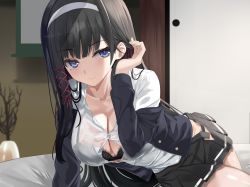 Rule 34 | 1girl, arm support, black bra, black hair, black jacket, black skirt, blazer, blue eyes, blush, bra, breasts, button gap, cleavage, closed mouth, collarbone, commentary request, hair ribbon, tucking hair, hairband, highres, indoors, jacket, kesoshirou, lace, lace-trimmed bra, lace trim, large breasts, long hair, long sleeves, looking at viewer, miniskirt, on bed, open clothes, open jacket, open skirt, original, pleated skirt, red ribbon, ribbon, school uniform, see-through, shirt, skirt, smile, solo, unbuttoned, underwear, white hairband, white shirt