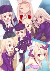 Rule 34 | 1girl, ascot, bikini, boots, breasts, closed eyes, coat, collared shirt, fate/hollow ataraxia, fate/stay night, fate (series), full body, fur hat, hat, heracles (fate), highres, illyasviel von einzbern, illyasviel von einzbern (dress of heaven), long hair, looking at viewer, morokoshi (tekku), multiple views, open mouth, papakha, pink bikini, pink coat, purple footwear, purple headwear, purple shirt, red eyes, scarf, shirt, skirt, small breasts, smile, swimsuit, white hair, white scarf, white skirt