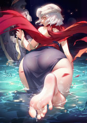 Rule 34 | 1girl, ass, barefoot, feet, foot focus, foreshortening, headband, long scarf, looking at viewer, looking back, medium hair, parted lips, scarf, soles, solo, toes, wading, water, white hair, yellow eyes