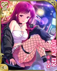 Rule 34 | 1girl, :d, asami kei, black jacket, breasts, character name, cleavage, couch, dartboard, day, fishnet pantyhose, fishnets, girlfriend (kari), indoors, jacket, leather, leather jacket, looking at viewer, midriff, navel, neon lights, official art, open mouth, pantyhose, pink eyes, pink hair, pink skirt, plaid, plaid skirt, ponytail, qp:flapper, shirt, sitting, skirt, smile, solo, strobe lights, tagme, white shirt