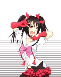 Rule 34 | 10s, 1girl, absurdres, black hair, bokura wa ima no naka de, bow, bowtie, breasts, choker, clothing cutout, collarbone, double m/, eyebrows, fingerless gloves, gloves, hair bow, heart, heart cutout, highres, jojo pose, looking at viewer, love live!, love live! school idol project, m/, midriff, multicolored clothes, multicolored skirt, navel, open mouth, pink bow, pink bowtie, red eyes, shirt, short sleeves, skirt, solo, striped, striped background, twintails, two-tone background, wangphing, white shirt, yazawa nico