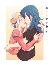 Rule 34 | 2girls, back, black shirt, blue eyes, blue hair, blush, breasts, byleth (female) (fire emblem), byleth (fire emblem), closed mouth, collared dress, commentary request, couple, dress, edelgard von hresvelg, eye contact, face-to-face, fire emblem, fire emblem: three houses, from side, hair between eyes, hat, highres, hug, imminent kiss, long hair, long sleeves, looking at another, multiple girls, nintendo, open mouth, puffy long sleeves, puffy sleeves, purple eyes, red dress, riromomo, shirt, short sleeves, sidelocks, simple background, white background, white hair, yellow background, yuri