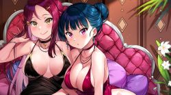 Rule 34 | 2girls, alternate breast size, bare shoulders, black dress, blue hair, bracelet, breasts, breasts apart, choker, cleavage, closed mouth, commentary, crossed legs, dress, earrings, hair bun, hair ornament, tucking hair, hairclip, indoors, jewelry, large breasts, looking at viewer, love live!, love live! sunshine!!, multiple girls, nail polish, necklace, no bra, no panties, parted bangs, parted lips, purple eyes, red dress, red hair, sakurauchi riko, shiny skin, single hair bun, sitting, smile, symbol-only commentary, tem10, tsushima yoshiko, yellow eyes