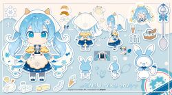 Rule 34 | 1girl, :3, animal, baby bottle, baguette, beamed eighth notes, bell, blue dress, blue eyes, blue hair, blue hood, blue mittens, blue ribbon, blunt bangs, bottle, bread, butter, capelet, character name, character sheet, cheese, cheese print, cheese wheel, chibi, closed eyes, commentary, copyright notice, cowbell, dress, dual wielding, eighth note, fake horns, food, fork, fortissimo, from behind, from side, full body, hair ornament, hatsune miku, highres, holding, holding bottle, holding fork, holding spoon, horns, ice cream cone, inomo (qimoshu), knife, layered dress, long hair, milk, milk bottle, mittens, musical note, musical note hair ornament, neck bell, neck ribbon, pacifier, pastry bag, picnic basket, rabbit, rabbit yukine, ribbon, skirt, smile, snowflake hair ornament, snowflake print, sparkle, spoon, suspender skirt, suspenders, swiss cheese, twintails, very long hair, vocaloid, waffle cone, wavy hair, white hair, white headdress, white headwear, yellow capelet, yuki miku, yuki miku (2024) (candidate no.4)